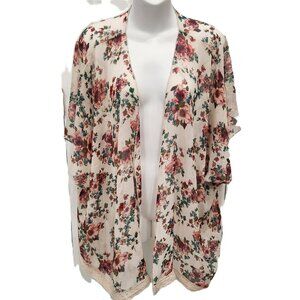 Mason + Mackenzie Kimono Pink Floral Sheer Lace Trim Cottage Core Size S